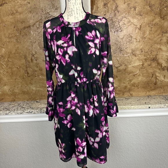 Cynthia Steffe Dress‎ Womens 6 Floral Print Chiffon Spring Cocktail Purple Black - Picture 1 of 13